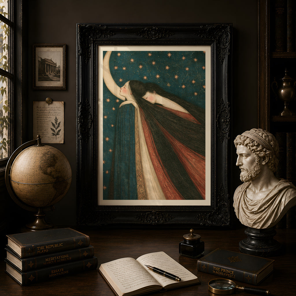 Celestial Moon Wall Art, Art Nouveau Poster, Dreamy Night Sky Print, Mystical Women Stars Decor