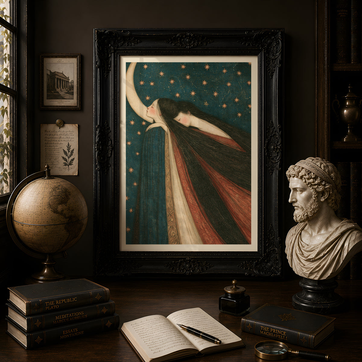 Celestial Moon Wall Art, Art Nouveau Poster, Dreamy Night Sky Print, Mystical Women Stars Decor