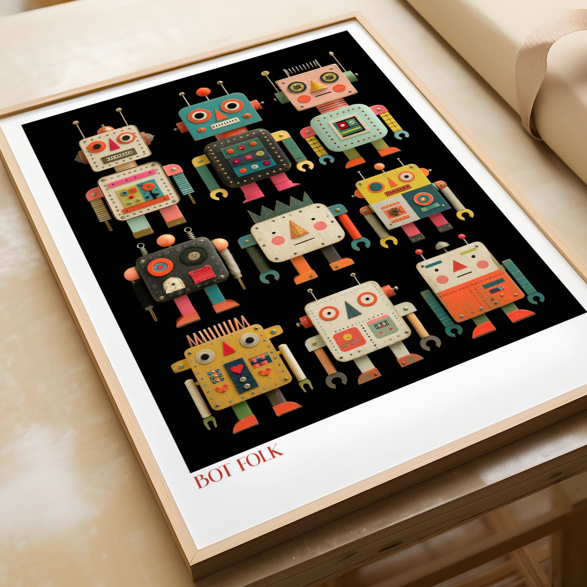 Retro Robot Poster, Bot Folk Kids Wall Art, Vintage Toy Robot Print, Colourful Children's
