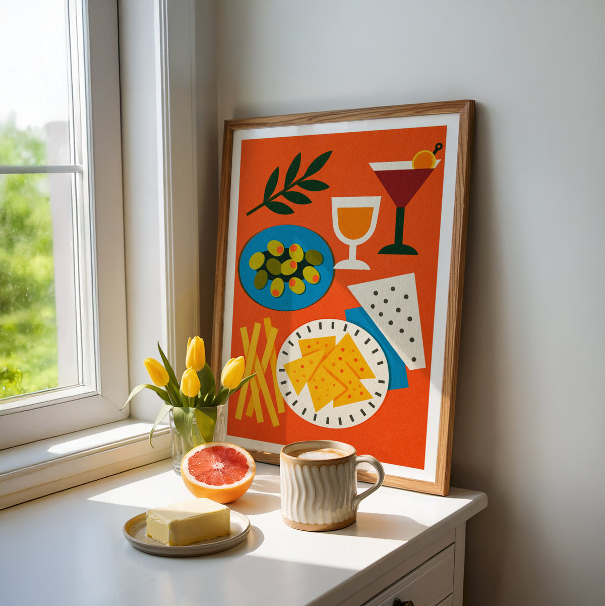 Vintage Food Poster Print, Rustic Kitchen Decor, Retro Mid Century Risograph Cocktail Olive Art