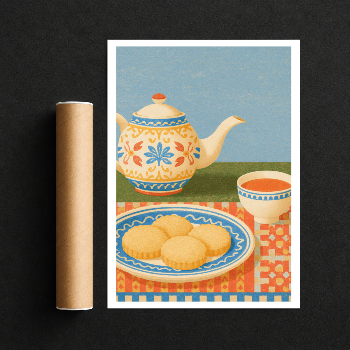 Vintage Food Poster Print, Teapot Biscuits Art, Rustic Kitchen Decor, Retro Mid Century Risograph