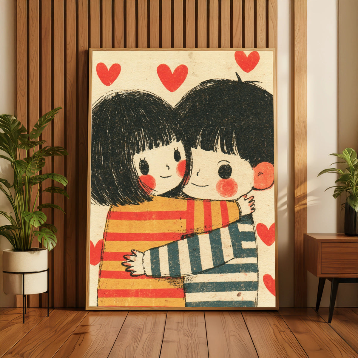 Retro Couple Hug Print, Cute Love Poster, Red Hearts Wall Art, Vintage Illustration Gift