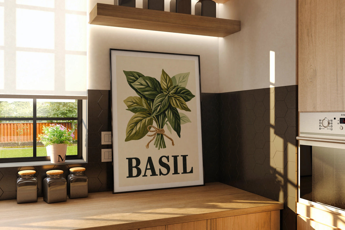 Basil Herb Vintage Food Poster Print | Rustic Kitchen Decor | Retro Mid Century Risograph Art