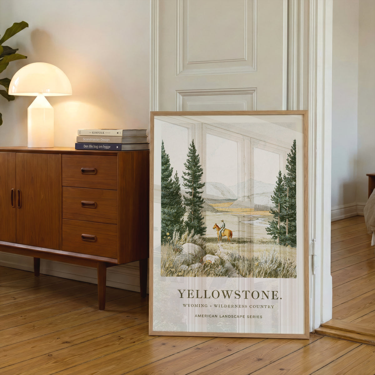 Yellowstone Wyoming Print, Vintage Landscape Poster, Cowboy on Horseback, Pine Forest Mountain Wall