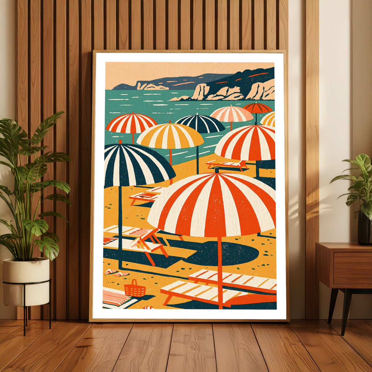 Retro Beach Umbrella Poster, Vintage Summer Print, Coastal Wall Art, Mediterranean Sun Lounger