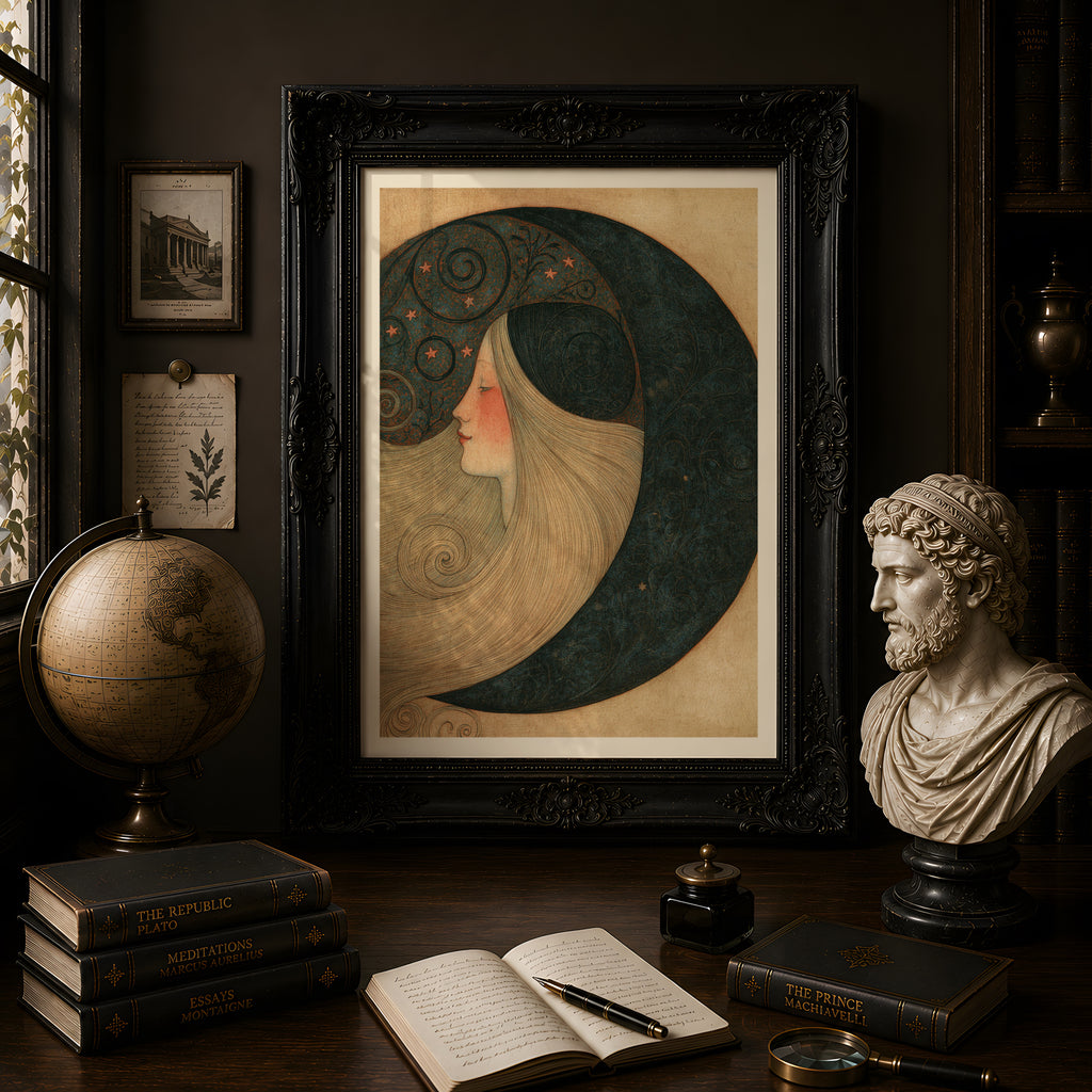 Crescent Moon Woman Art Nouveau Print, Celestial Wall Art, Vintage Moon Goddess Poster, Stars