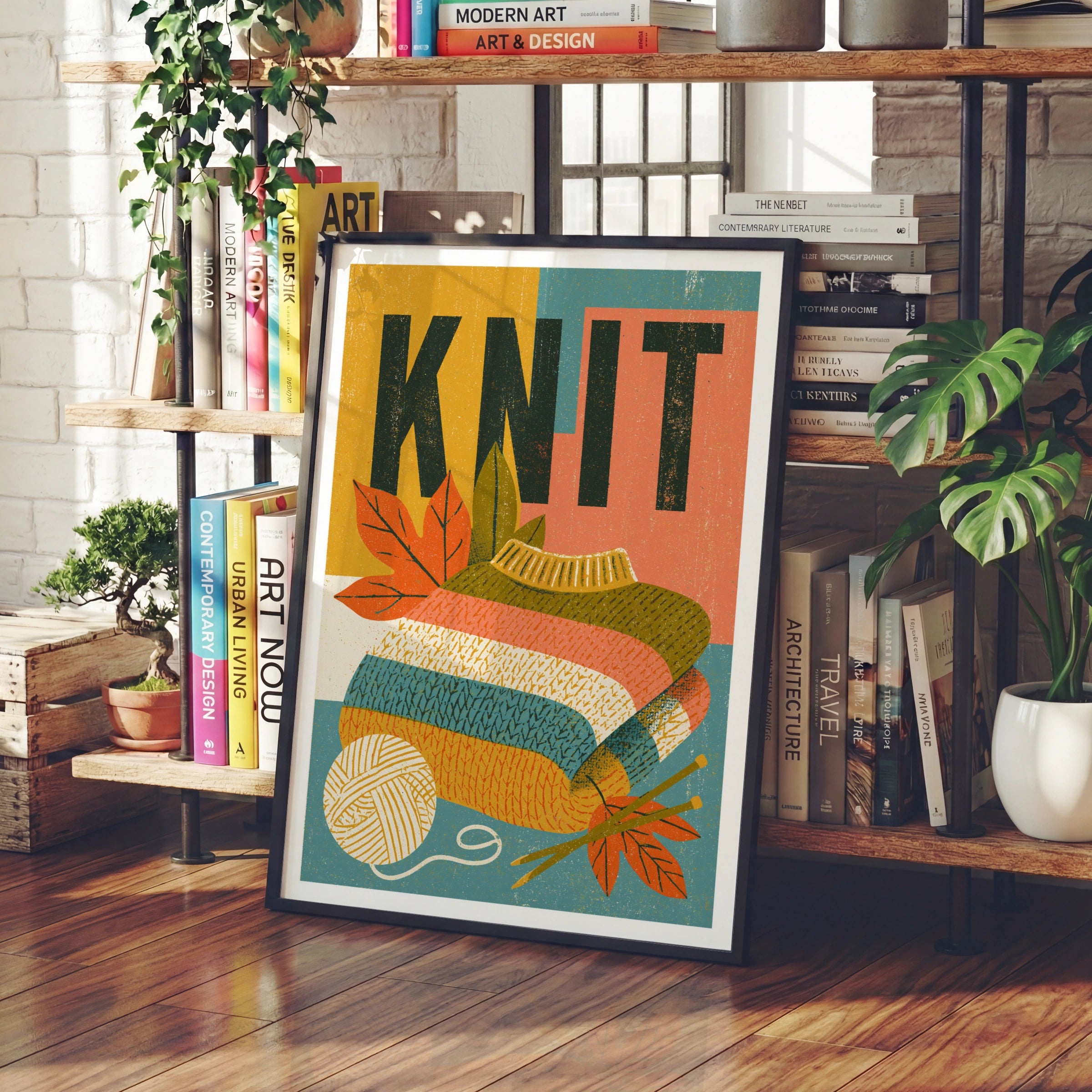 KNIT - Retro Knitting Poster, Knit Wall Art Print, Craft Room Decor, Autumn Yarn Gift