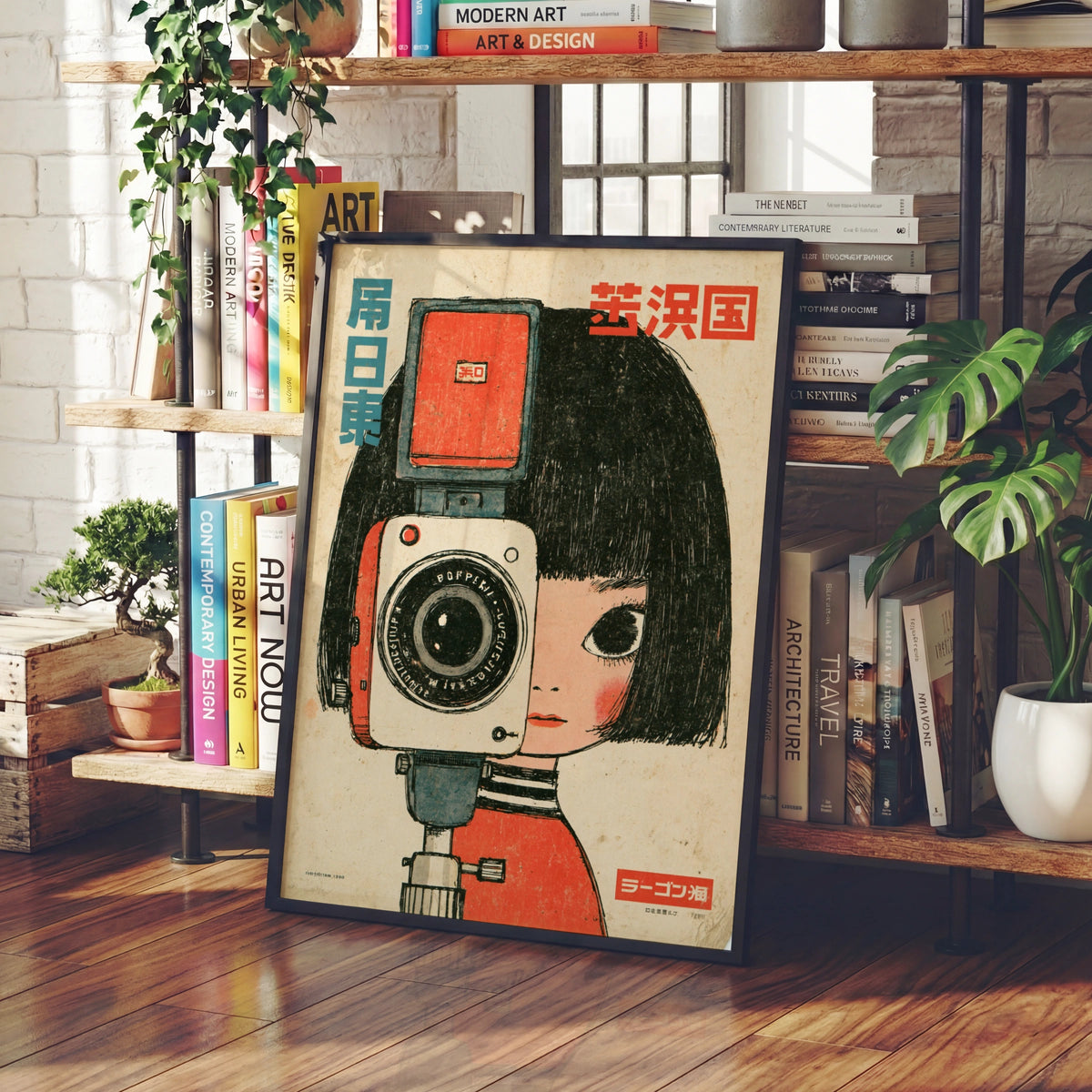 Vintage Japanese Camera Girl Poster, Retro Kawaii Wall Art, Mid Century Print
