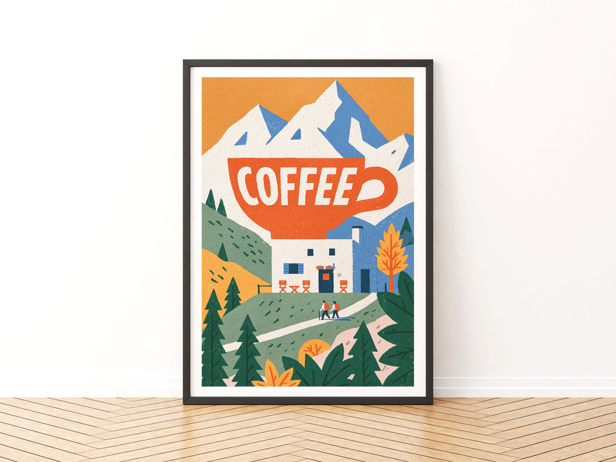 Vintage Food Poster Print, Coffee Alpine Mountain Hut Art, Rustic Kitchen Decor, Retro Mid Century