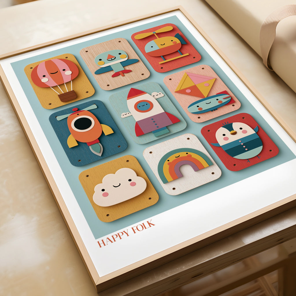Retro Kids Transport Print, Happy Folk Nursery Wall Art, Children's Collectable Poster