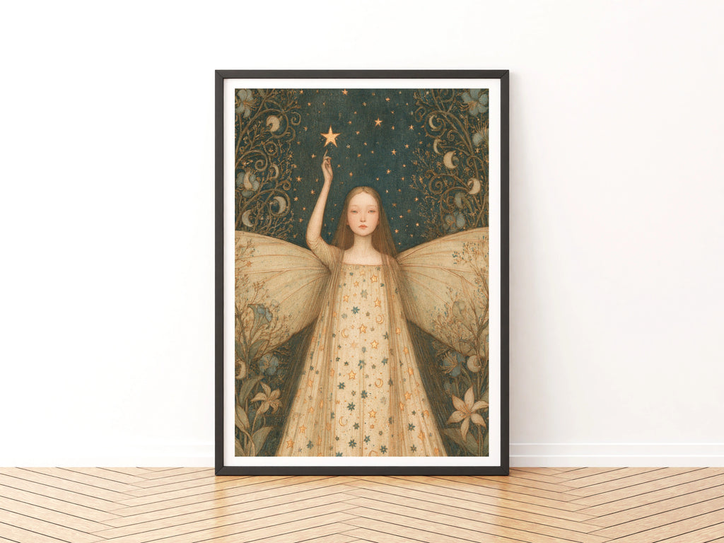 Star Fairy Star Print, Classic Celestial Fairy Poster, Teal Gold Moon Wall Art, Whimsical Folk