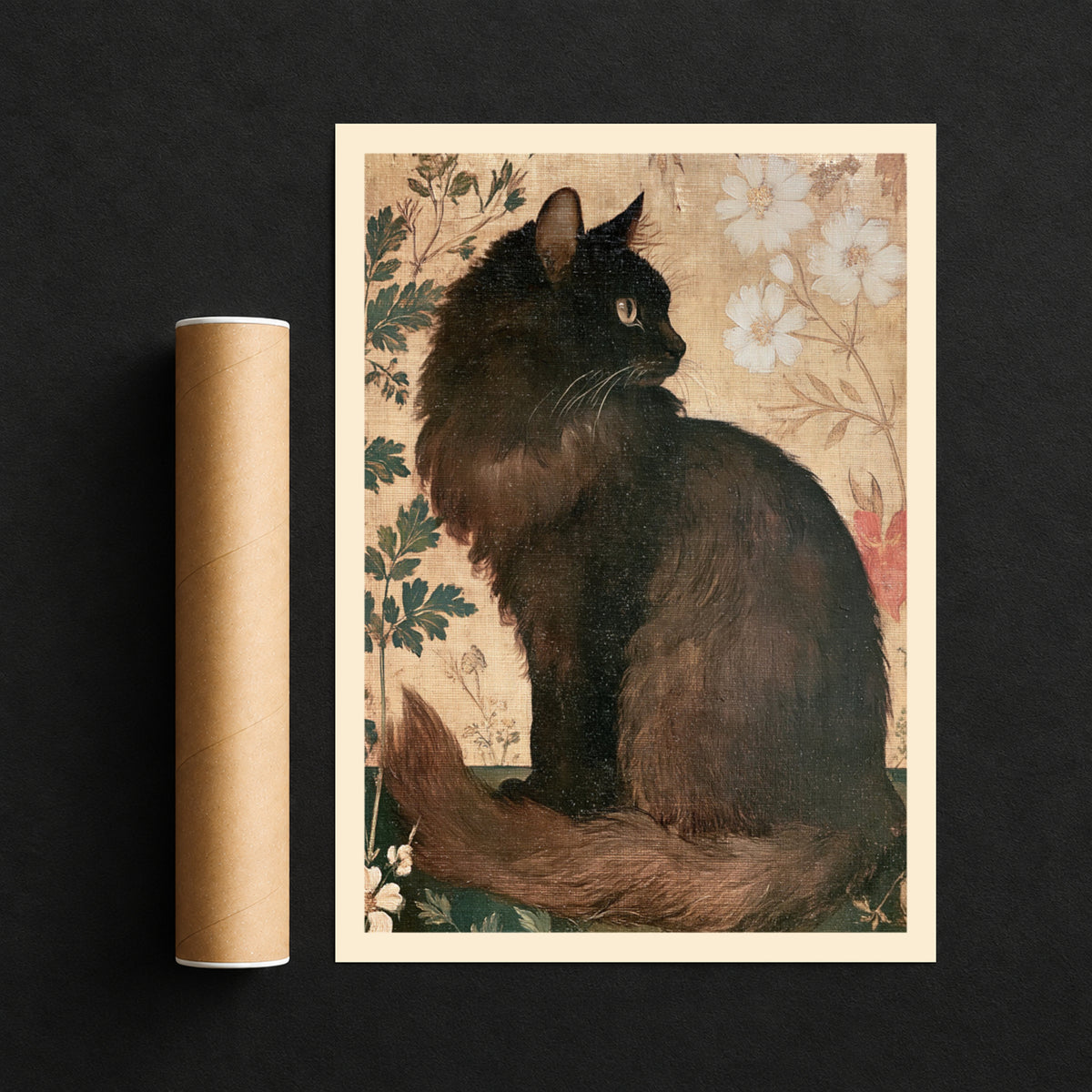 Black Cat Vintage Wall Art, Botanical Floral Cat Poster, Cottagecore Nature Print, Cat Lover Gift