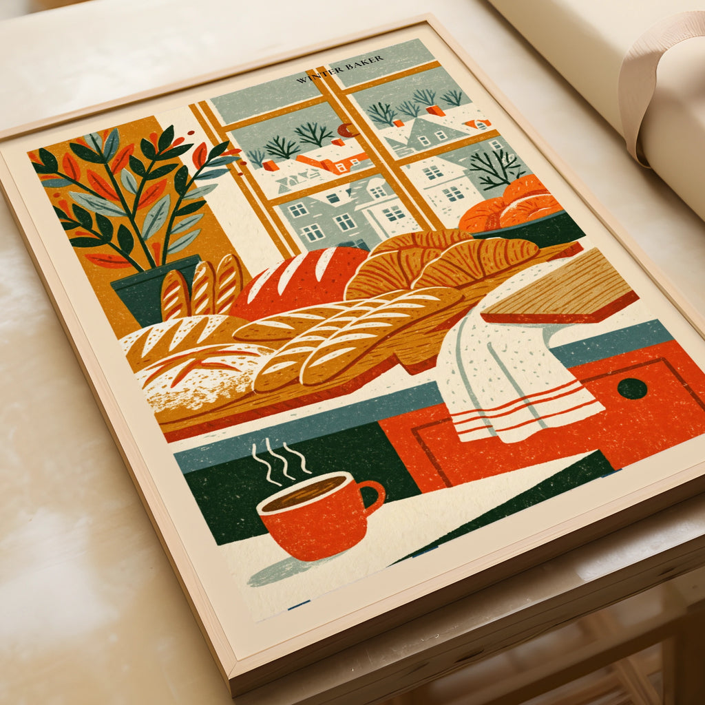 Vintage Food Poster Print, Winter Baker Bread Art, Rustic Kitchen Decor, Retro Mid Century Risograph