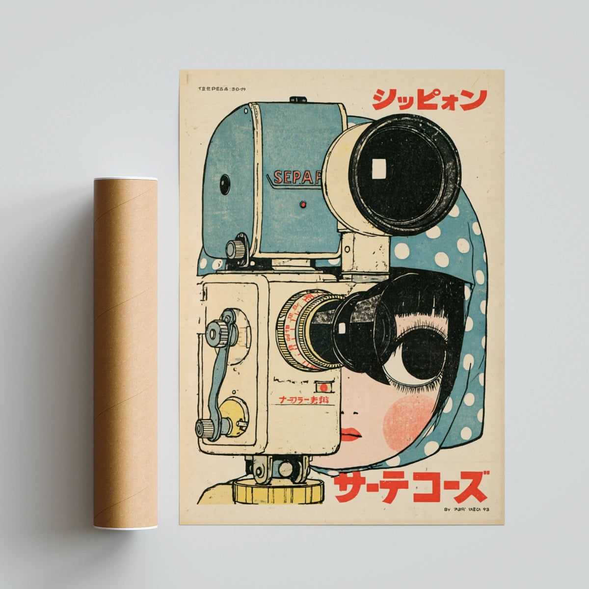 Japanese Retro Camera Girl Poster, Vintage Manga Style Wall Art, Polka Dot Print