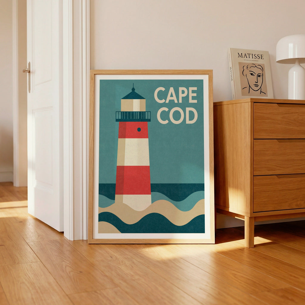 Cape Cod Retro Travel Poster, Lighthouse Print, Nautical New England Wall Art