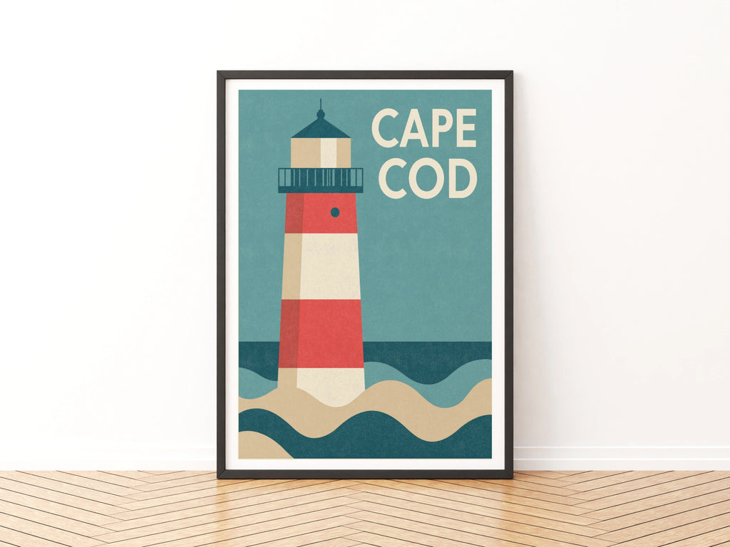 Cape Cod Retro Travel Poster, Lighthouse Print, Nautical New England Wall Art