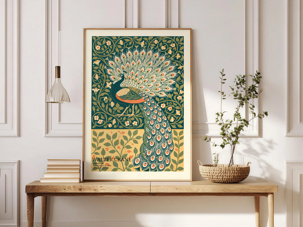 Walter Crane Peacock Print, Vintage Exhibition Poster, Arts and Crafts Nature Wall Art, Teal Floral