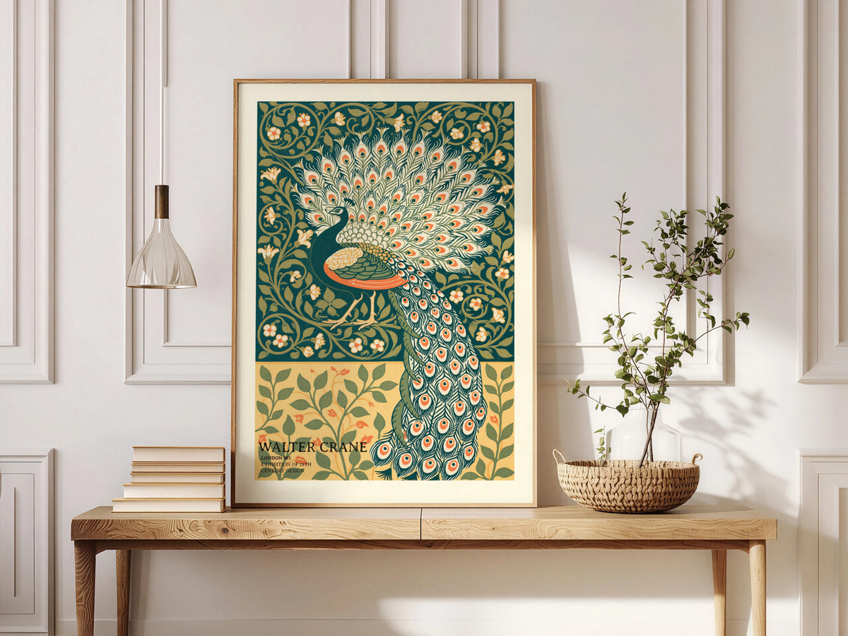 Walter Crane Peacock Print, Vintage Exhibition Poster, Arts and Crafts Nature Wall Art, Teal Floral