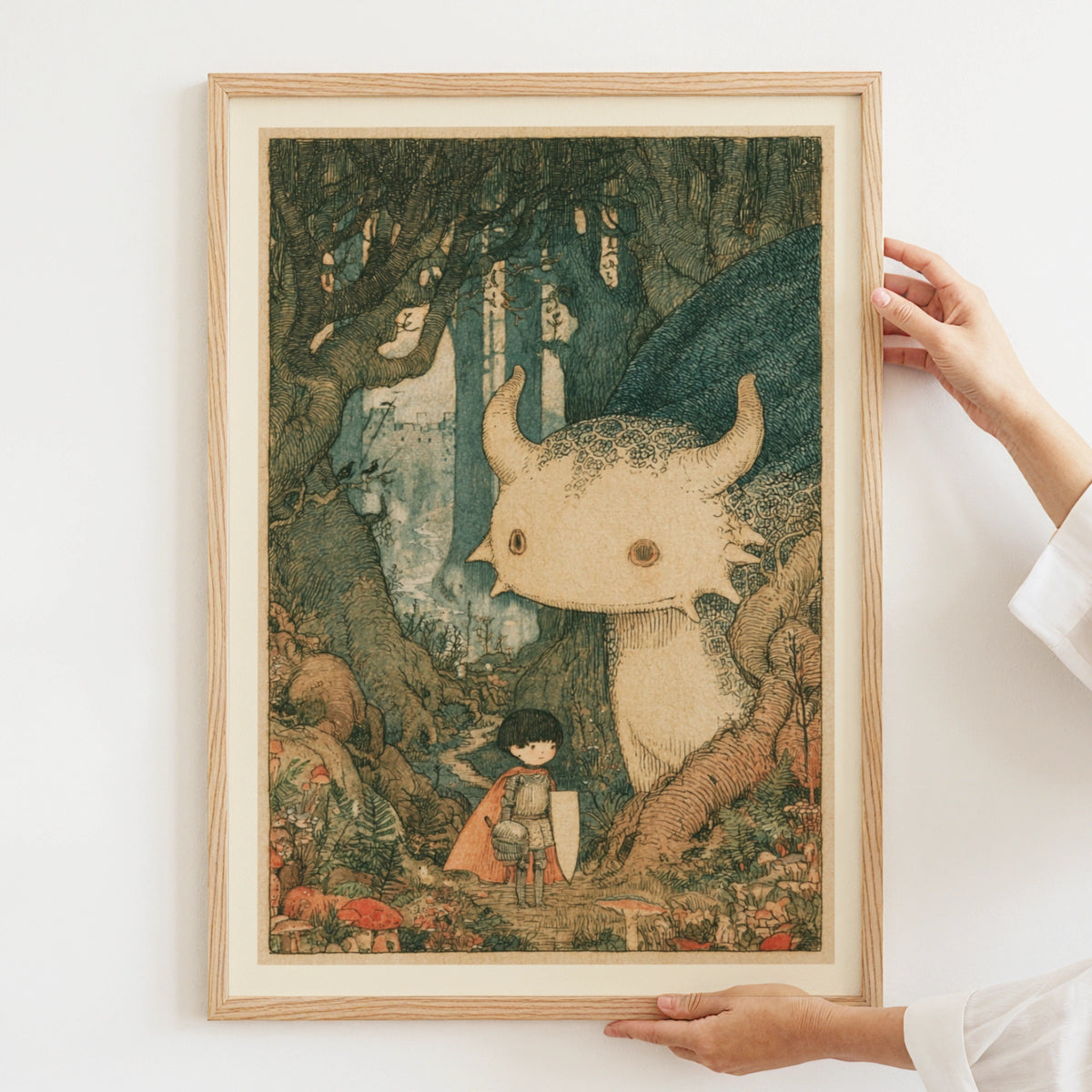 Retro Children's Print, Little Knight and Forest Monster, Fairytale Kids Wall Art Collectable