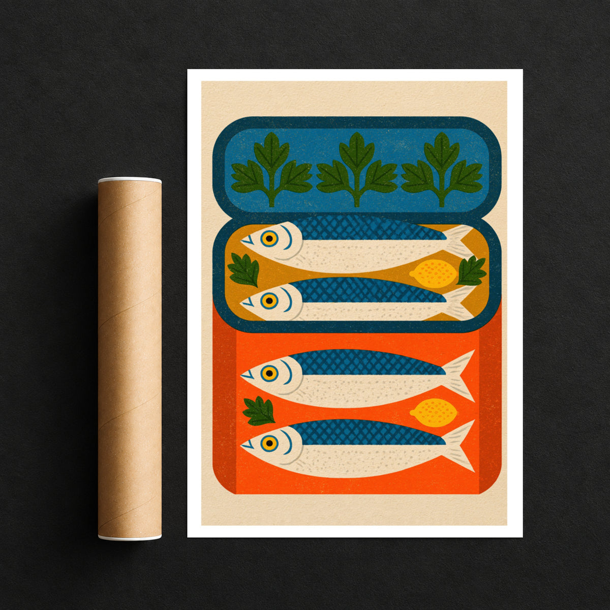 Vintage Food Poster Print, Sardine Tin Art, Rustic Kitchen Decor, Retro Mid Century Risograph Fish
