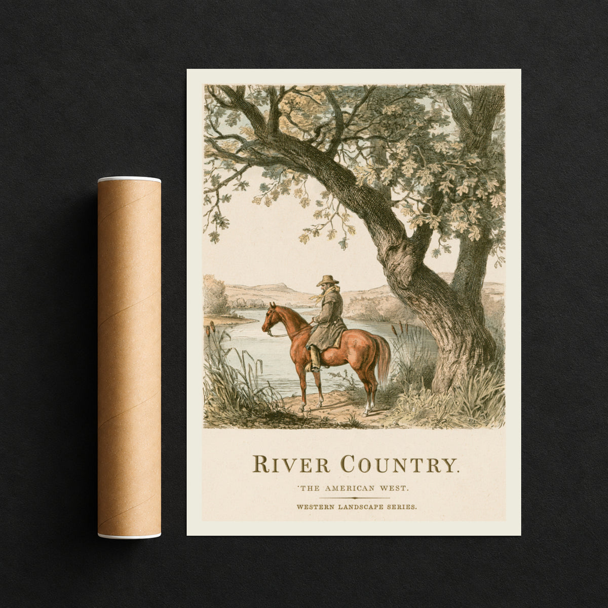 River Country Western Landscape Print, Vintage Cowboy on Horseback, Oak Tree Nature Wall Art, Poster