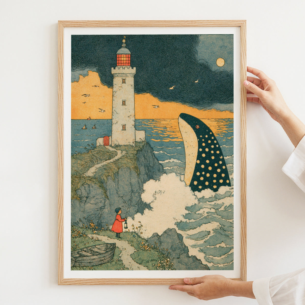 Vintage Storybook Lighthouse Print, Whale Illustration, Coastal Nursery Wall Art, Child with