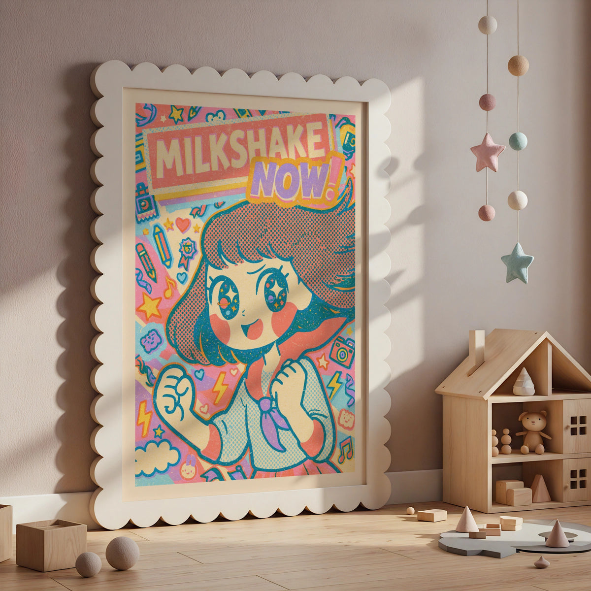 Milkshake Now Retro Kawaii Girl Poster, Cute Anime Print, Teen Bedroom Print