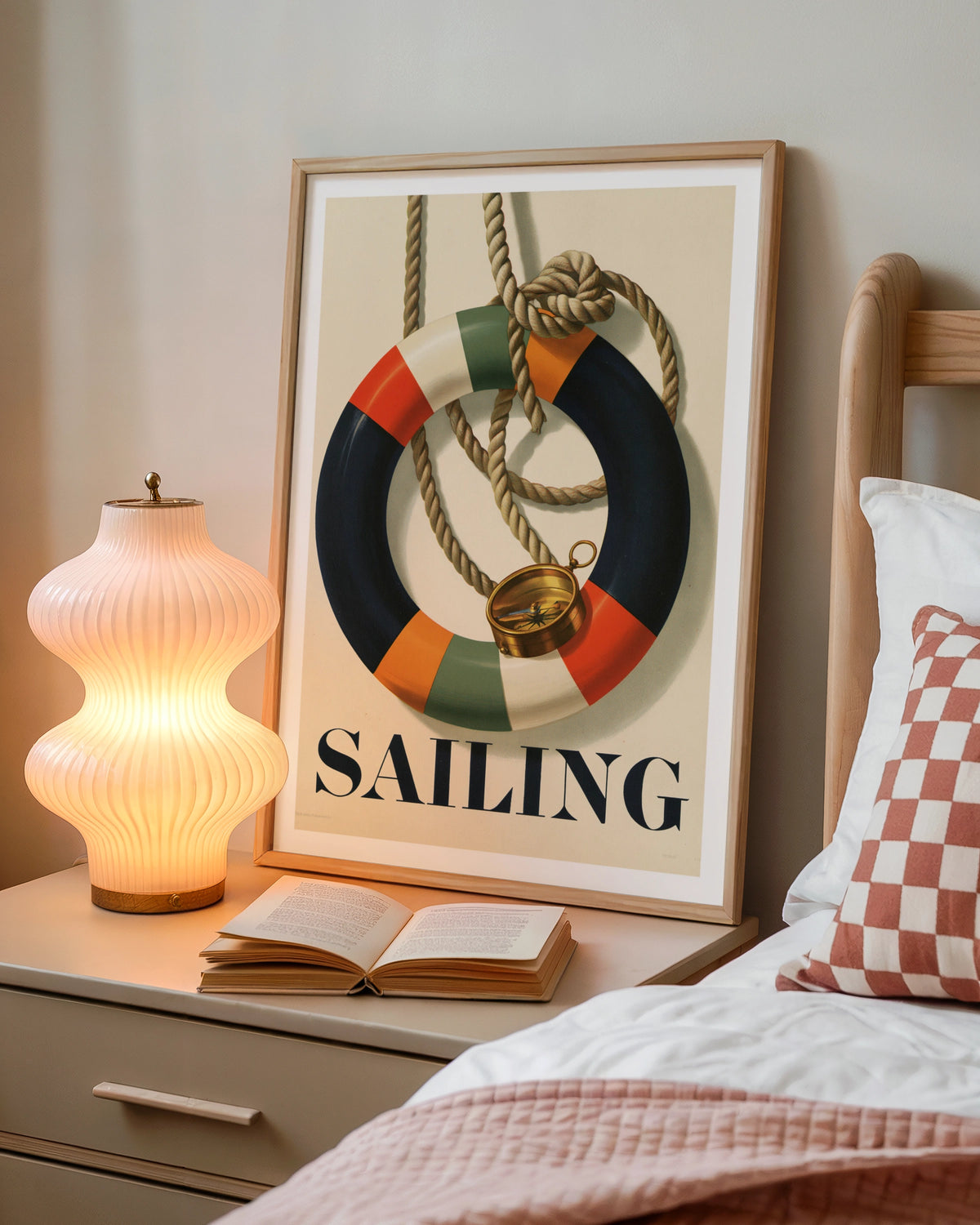 Retro Sailing Poster, Nautical Life Ring Compass Print, Vintage Navy Wall Art