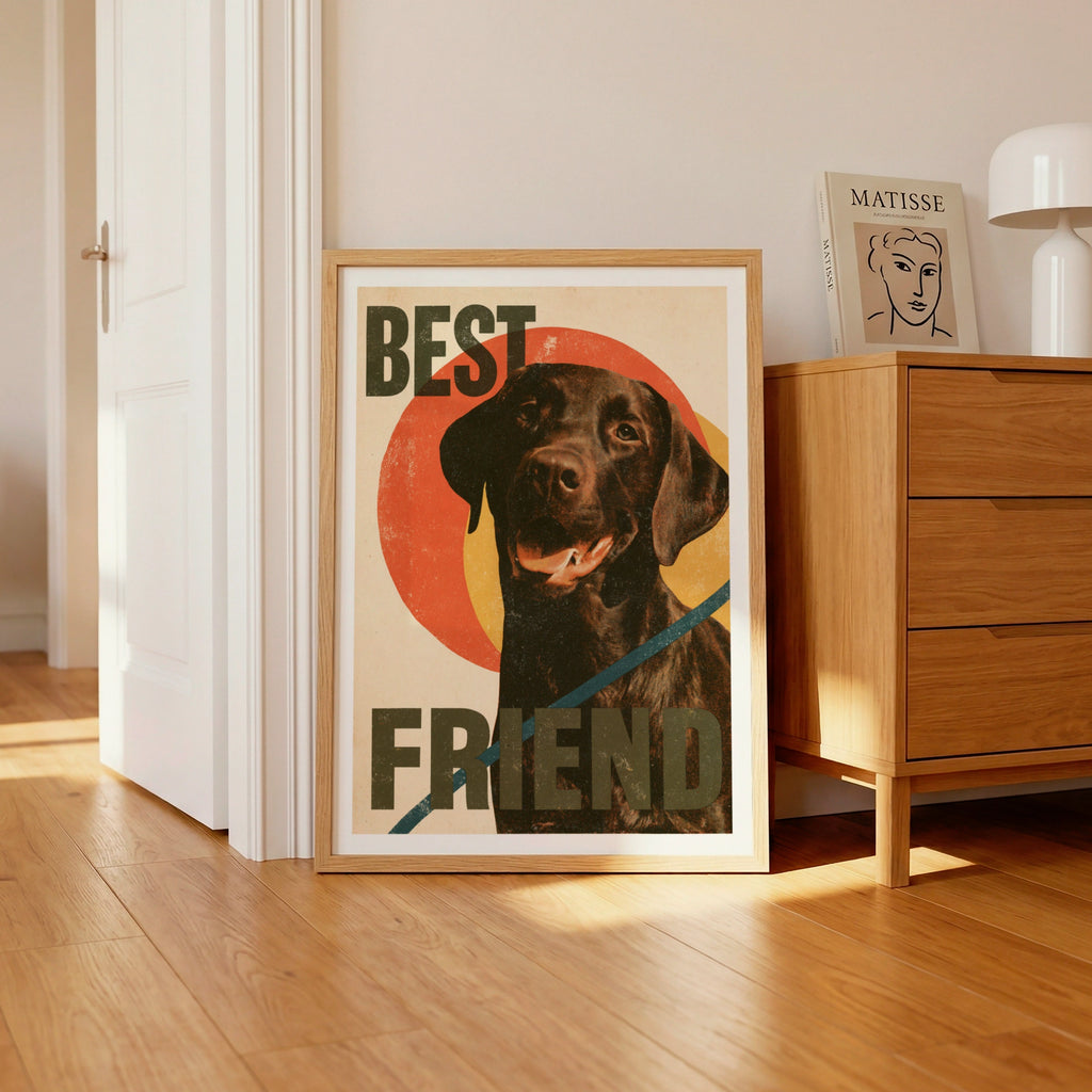 Retro Labrador Print, Best Friend Dog Wall Art, Chocolate Lab Gift, Vintage Style