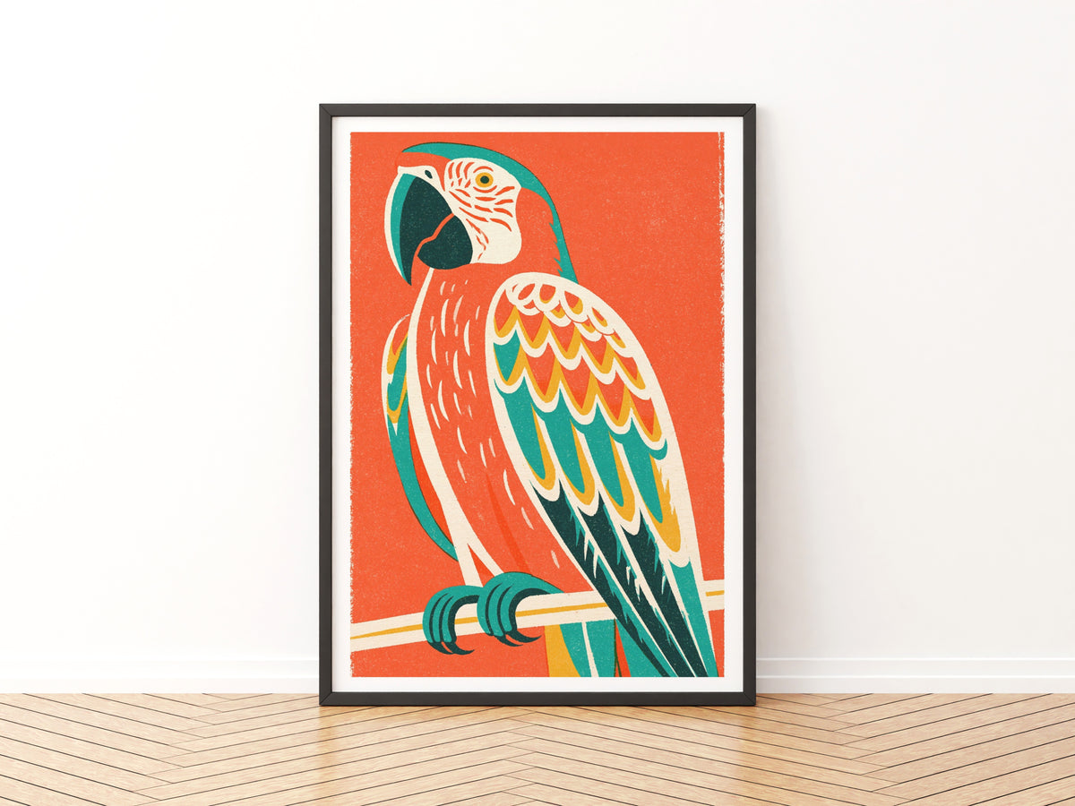 Retro Macaw Parrot Print, Vintage Style Bird Poster, Bold Tropical Wall Art, Mid Century Decor