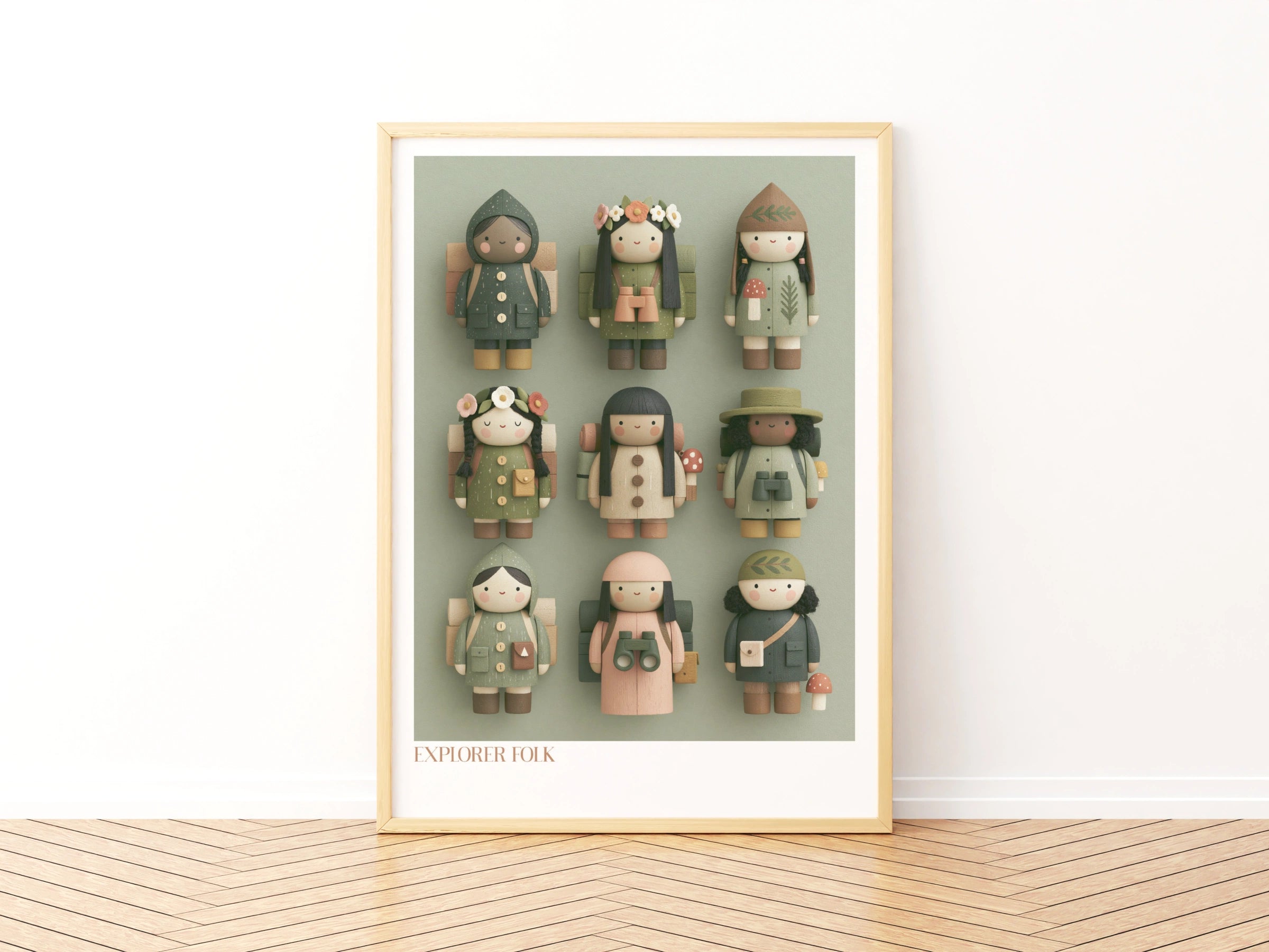 Explorer Folk Kids Poster, Retro Children's Print, Woodland Toy Art, Sage Green Nursery Wall Art