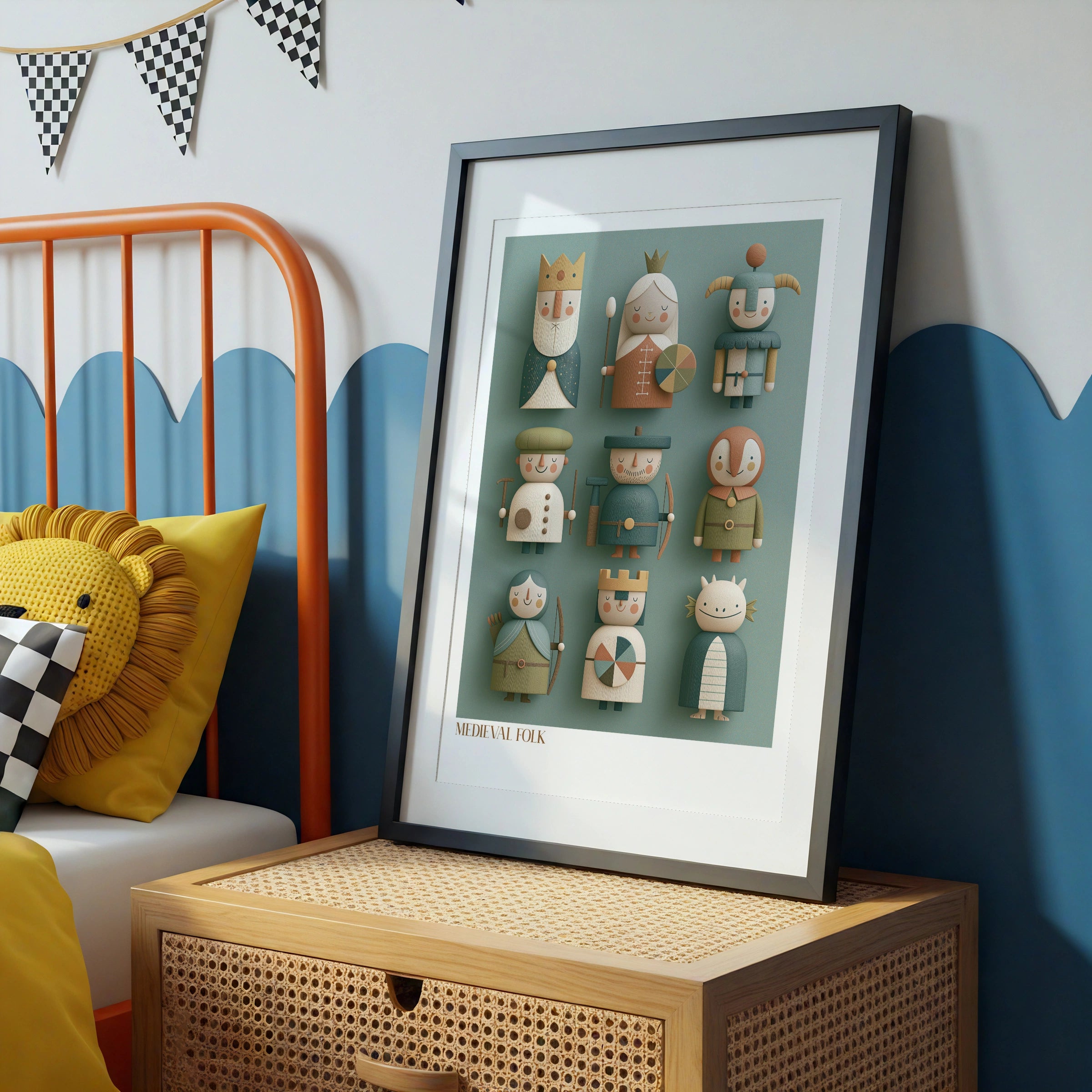 Medieval Folk Retro Children's Print, Wooden Toy Characters, Kids Wall Art Poster