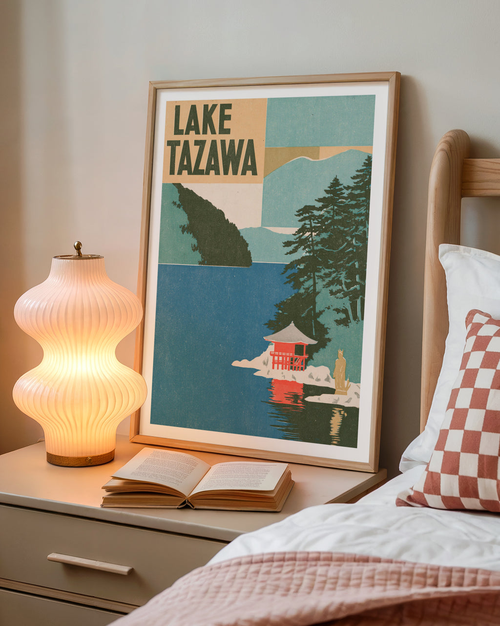 Retro Lake Tazawa Japan Poster, Vintage Travel Print, Akita Pine Trees Red Pavilion Wall Art