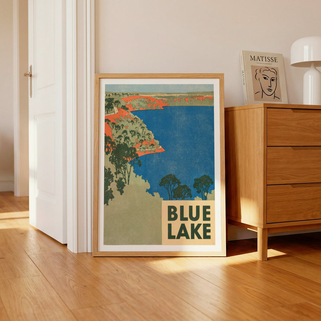 Retro Blue Lake Poster, Vintage Travel Print, Australian Landscape Wall Art, Mount Gambier