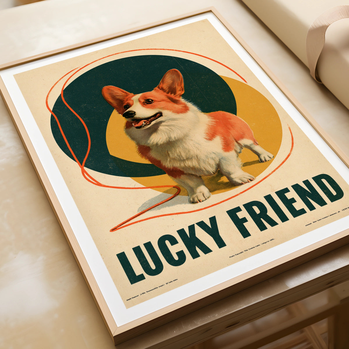 Retro Corgi Poster, Lucky Friend Dog Print, Vintage Style Pet Wall Art, Teal Gold Folk