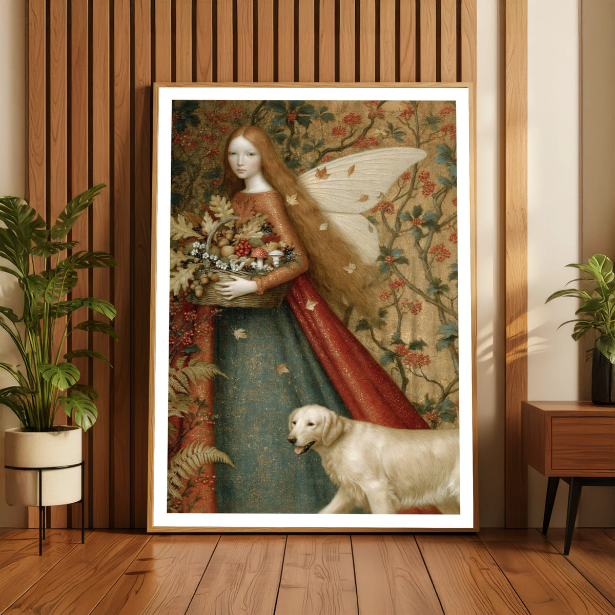 Autumn Fairy Print, Classic Inspired Folk Art Poster, Red Hair Fairy Dog Wall Art