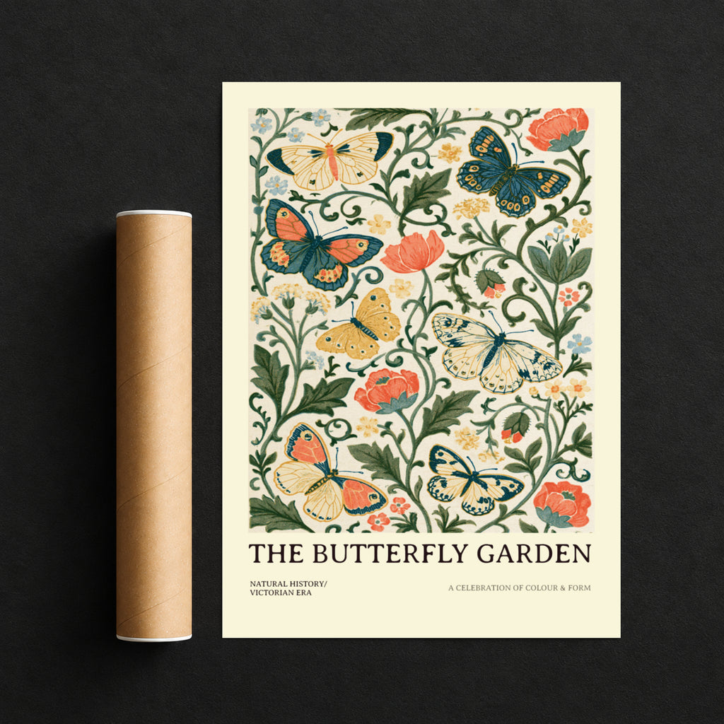 Butterfly Garden Print, Botanical Wall Art, Victorian Natural History Poster, Floral Nature Decor