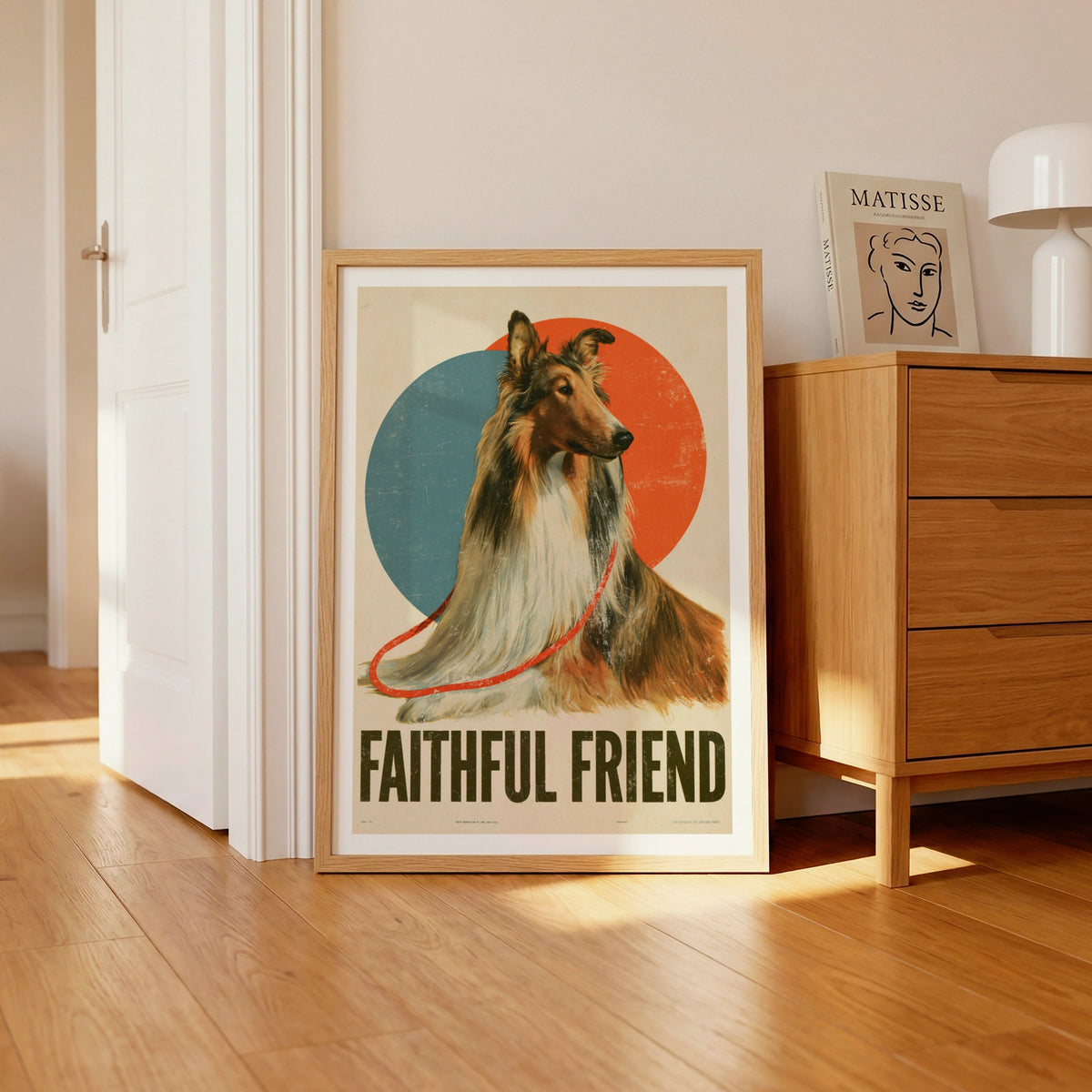Retro Collie Dog Print, Faithful Friend Folk Art, Vintage Style Dog Wall Art Gift