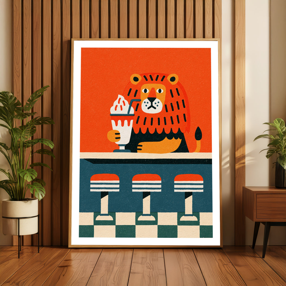 Retro Lion Diner Poster, Vintage Milkshake Wall Art, Funny Animal Print, Bold Colourful Decor