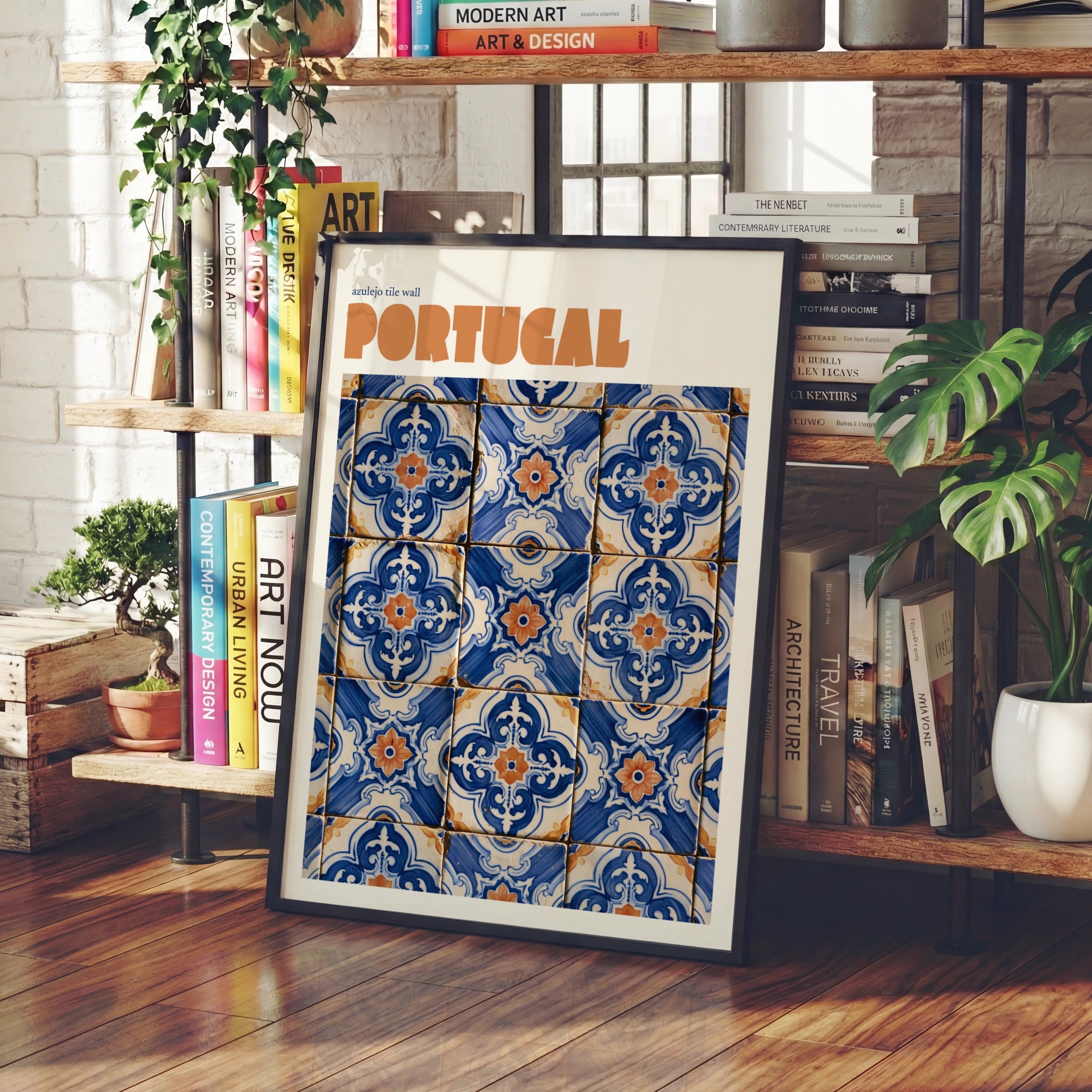 Portugal Azulejo Tile Retro Travel Poster, Blue Terracotta Wall Art Print