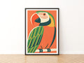 Retro Parrot Print, Vintage Macaw Wall Art, Tropical Bird Poster, Orange Green Matchbox Style Art