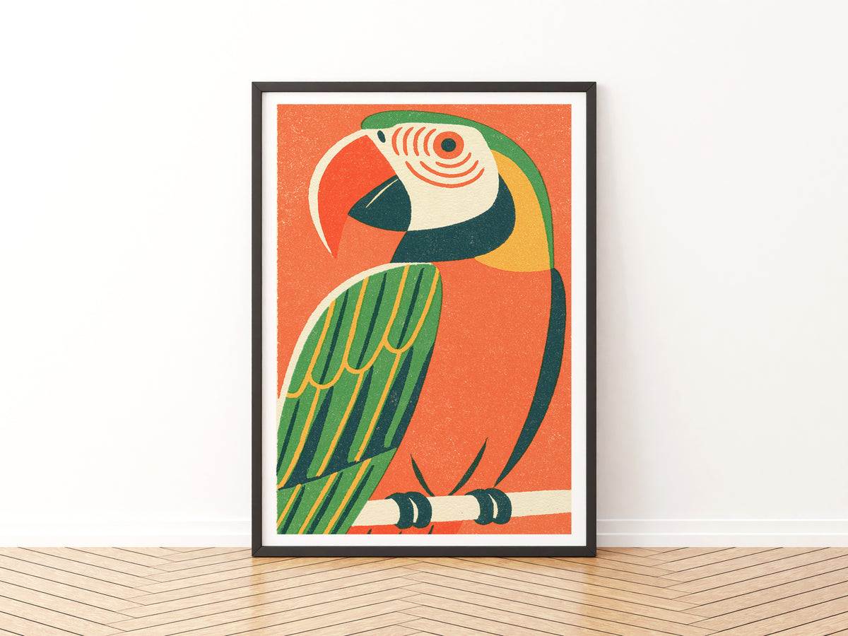 Retro Parrot Print, Vintage Macaw Wall Art, Tropical Bird Poster, Orange Green Matchbox Style Art