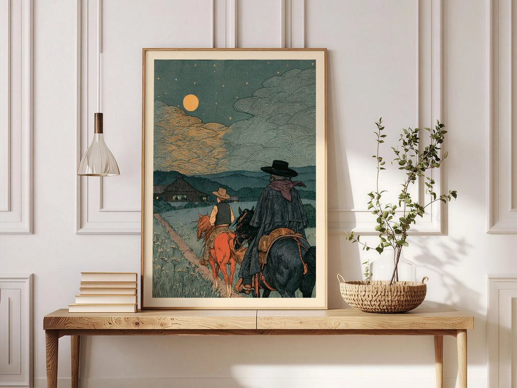 Western Cowboy Wall Art, Night Ride Poster, Moonlit Ranch Landscape Print, Rustic Nature Decor