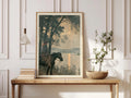 Vintage Cowboy on Horseback Print, Moonlit Lake Western Wall Art, Rustic Nature Landscape Poster