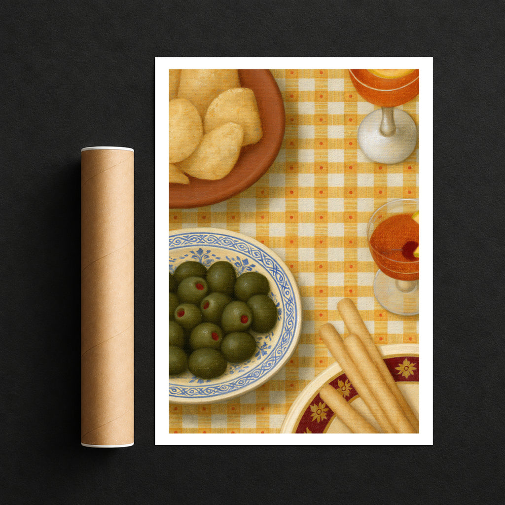 Vintage Food Poster Print, Olives Aperitivo Art, Rustic Kitchen Decor, Retro Mid Century Risograph