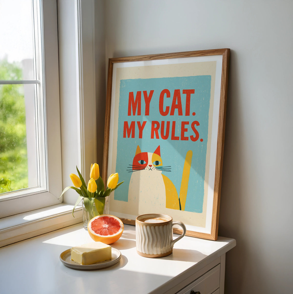 My Cat My Rules Print, Retro Cat Wall Art, Funny Cat Gift, Folk Style Cat Lovers Art