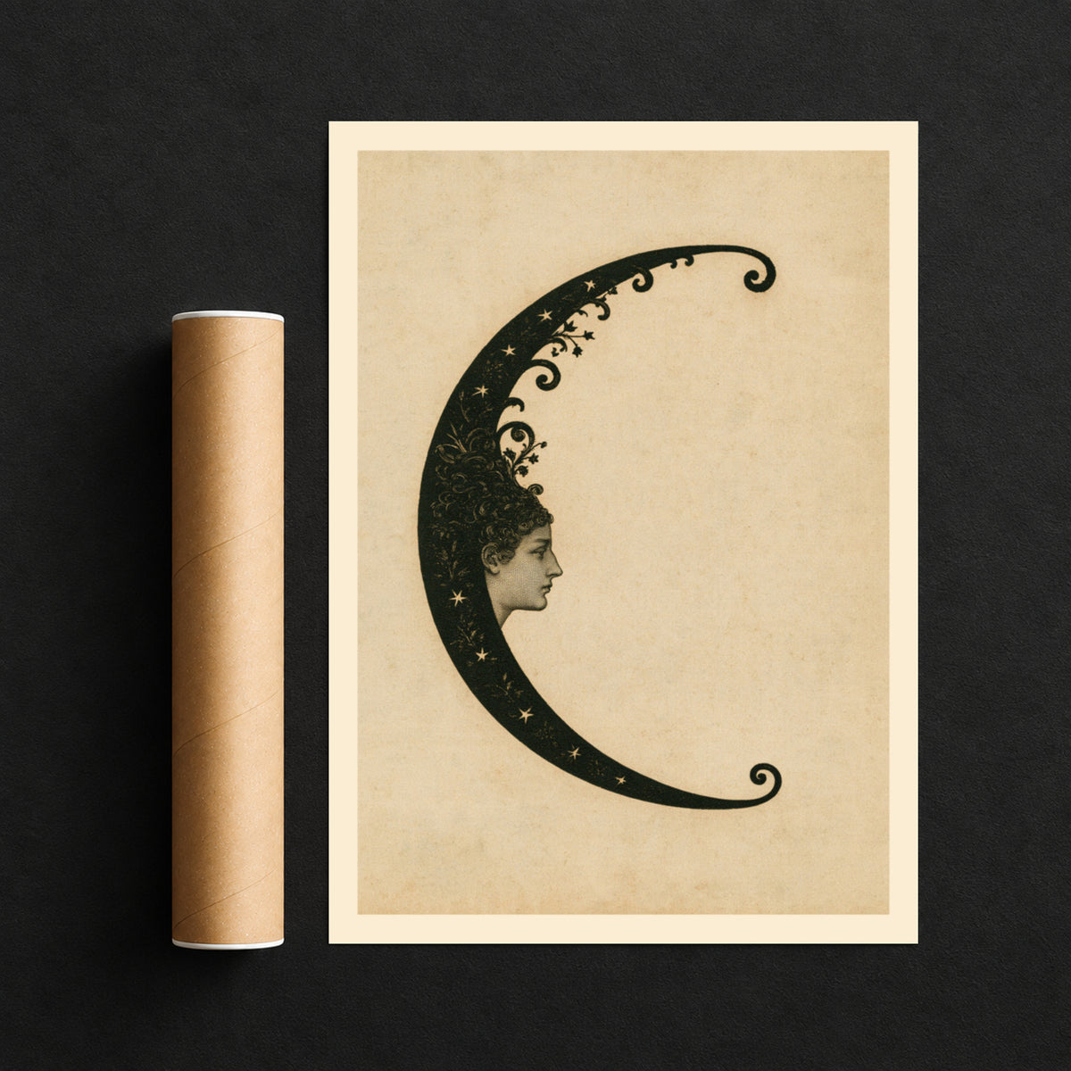Vintage Crescent Moon Woman Print, Celestial Wall Art, Art Nouveau Moon Face Poster, Antique Style
