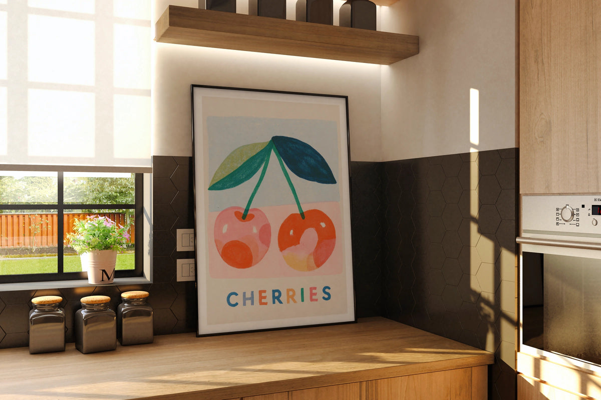 Cherries Vintage Food Poster Print, Rustic Kitchen Decor, Retro Mid Century Risograph Fruit Art