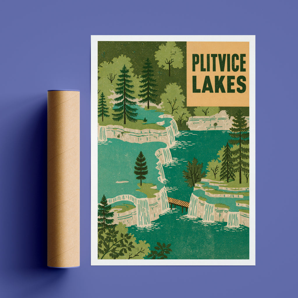 Retro Plitvice Lakes Croatia Poster, Vintage Travel Print, Waterfall Wall Art, Green Nature Art