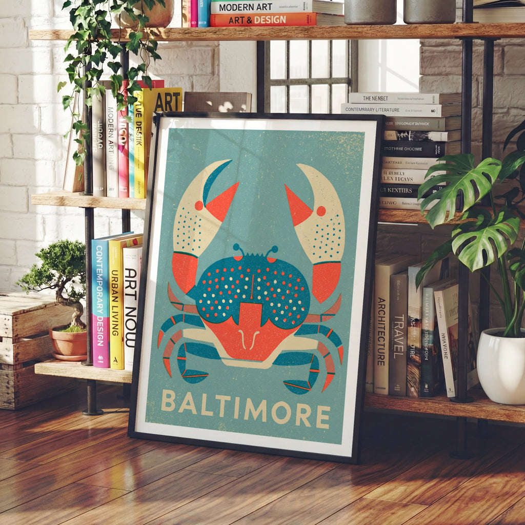 Baltimore Crab Retro Travel Poster, Maryland Wall Art, Vintage Blue Crab Print